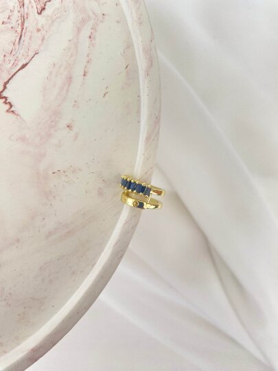 2' li Halka Siyah Taşlı Earcuff - Gold Renk