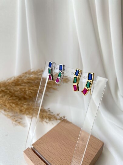 3 Renkli Baget Taşlı Küpe - Gümüş Renk - 3