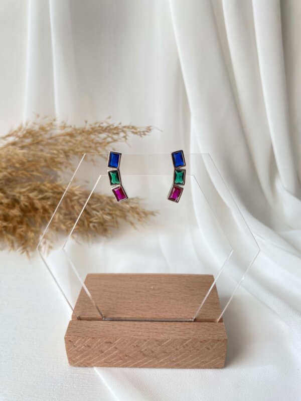 3 Renkli Baget Taşlı Küpe - Gümüş Renk - 1