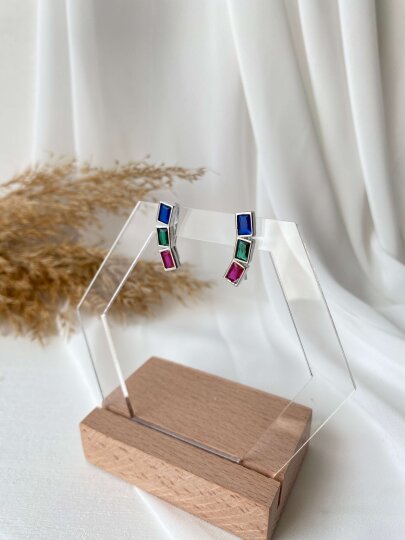 3 Renkli Baget Taşlı Küpe - Gümüş Renk - 2