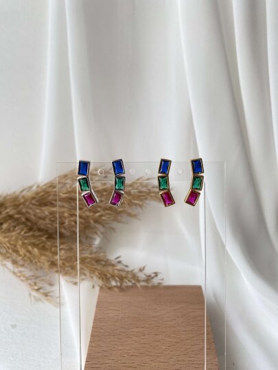 3 Renkli Baget Taşlı Küpe - Gold Renk - 3