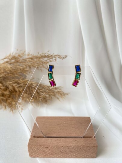 3 Renkli Baget Taşlı Küpe - Gold Renk