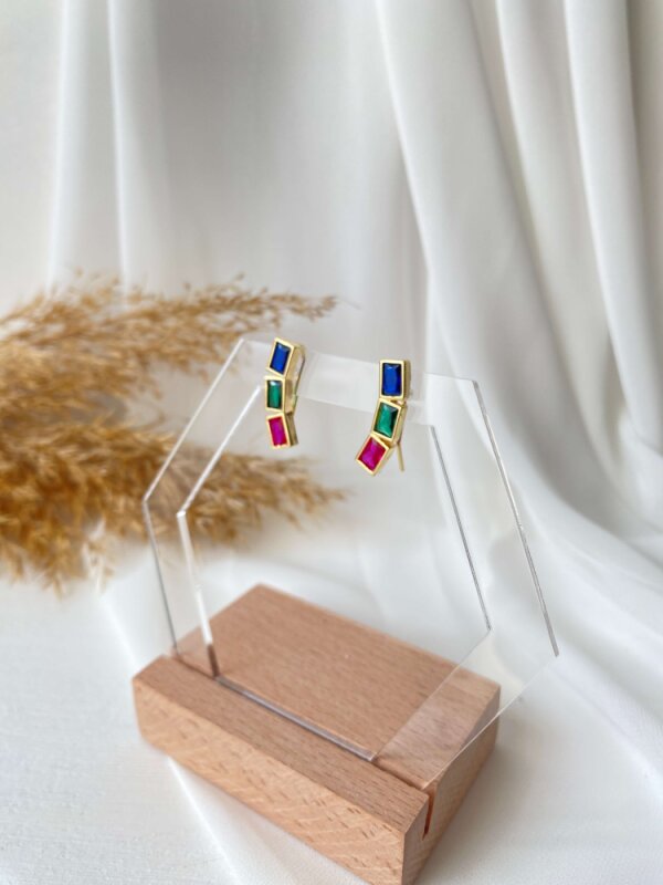 3 Renkli Baget Taşlı Küpe - Gold Renk - 2