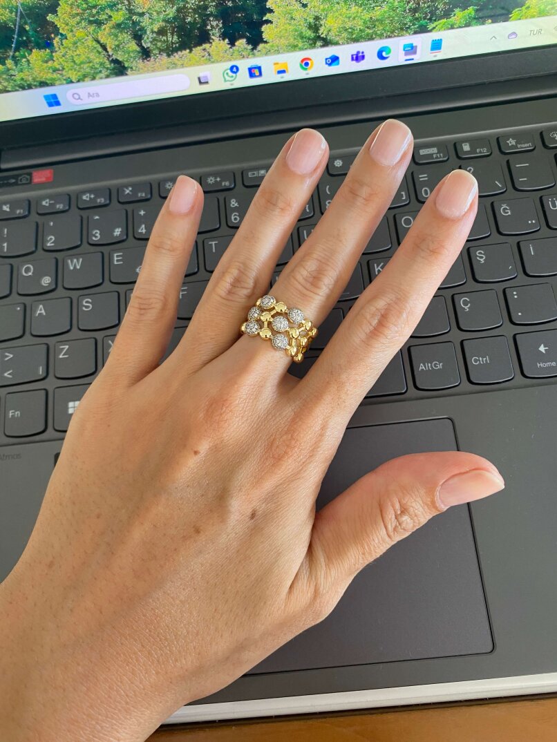 3 Sıra Top Taşlı Yüzük-Gold  - 2