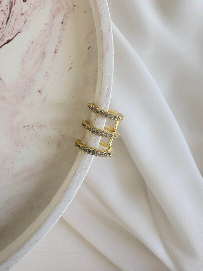 3'lü Halka Taşlı Earcuff - Gold Renk