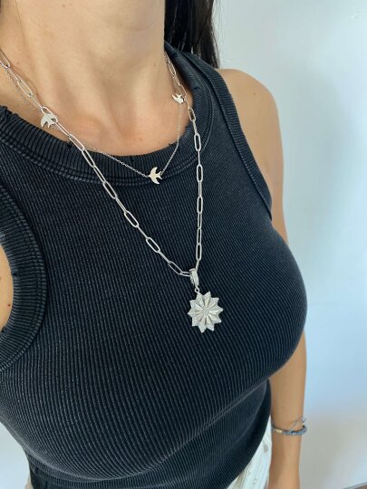 Çiçek Charm'lı Ataç Uzun Kolye Gümüş - 2