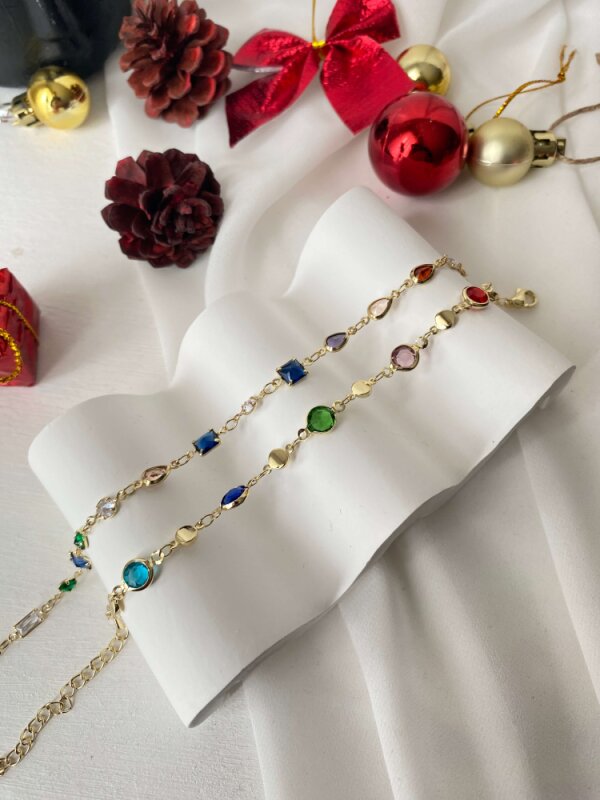 Çok Renkli Kare -Yuvarlak Taşlı Zincir Bileklik - 3