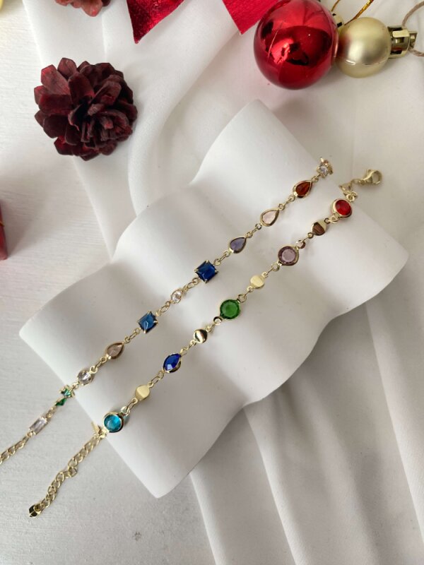 Çok Renkli Kare -Yuvarlak Taşlı Zincir Bileklik - 4