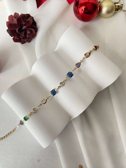 Çok Renkli Kare -Yuvarlak Taşlı Zincir Bileklik