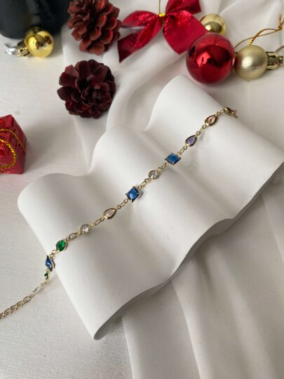 Çok Renkli Kare -Yuvarlak Taşlı Zincir Bileklik - 2