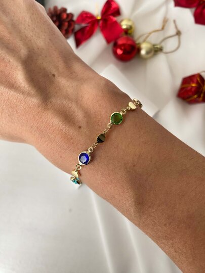 Çok Renkli Oval -Yuvarlak Taşlı Zincir Bileklik - 4