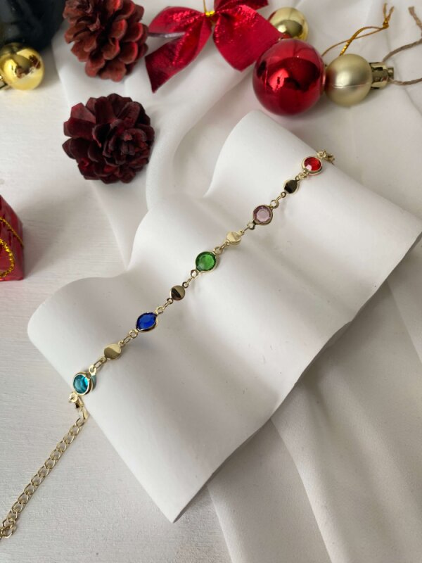 Çok Renkli Oval -Yuvarlak Taşlı Zincir Bileklik - 1