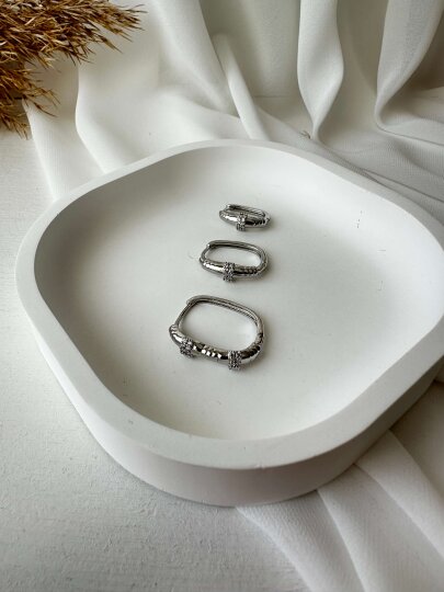 Dikdörtgen Taş Detaylı 3'lü Halka Küpe - Gümüş Renk