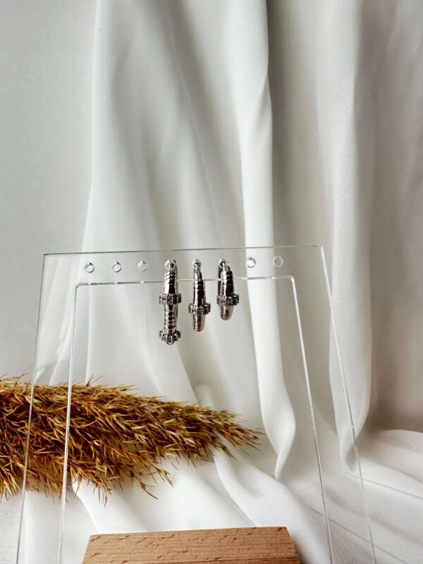 Dikdörtgen Taş Detaylı 3'lü Halka Küpe - Gümüş Renk - 3