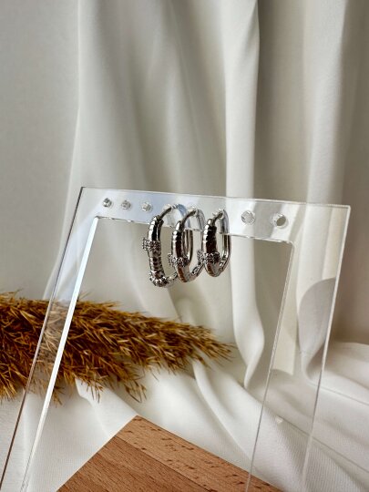 Dikdörtgen Taş Detaylı 3'lü Halka Küpe - Gümüş Renk - 4