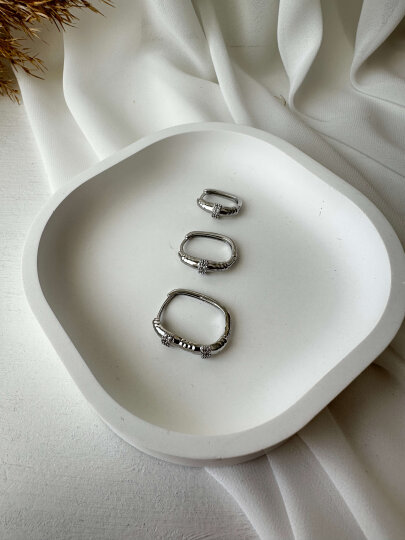 Dikdörtgen Taş Detaylı 3'lü Halka Küpe - Gümüş Renk - 2