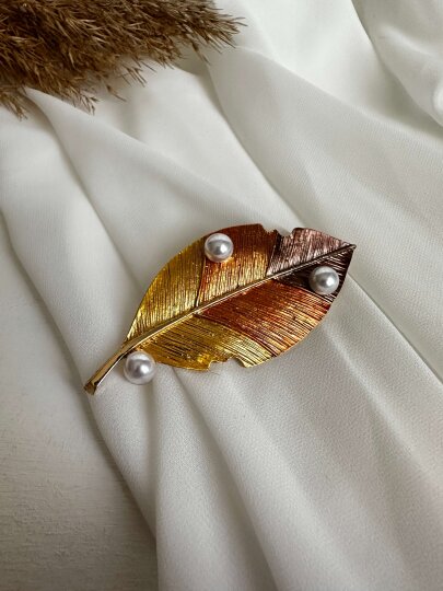 Gold-Kahve Renkli İncili Yaprak Broş  - 3