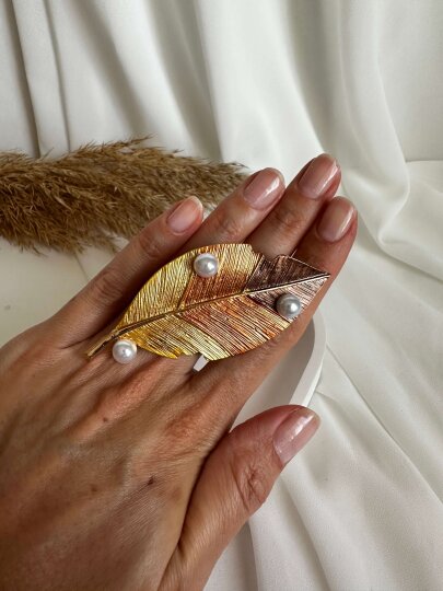 Gold-Kahve Renkli İncili Yaprak Broş  - 4