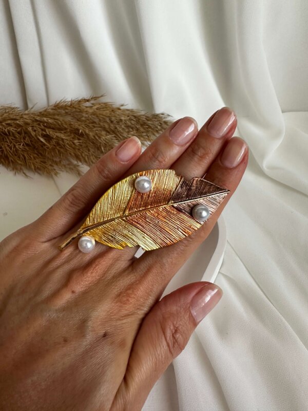 Gold-Kahve Renkli İncili Yaprak Broş  - 4