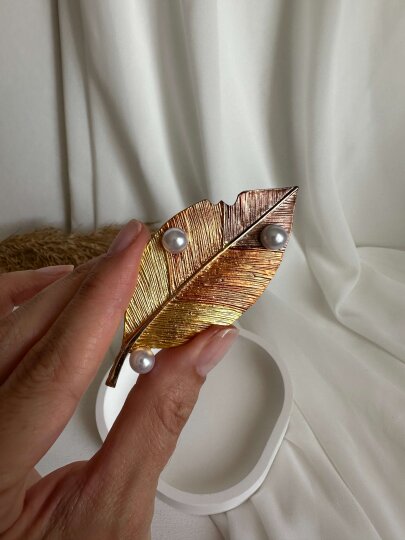 Gold-Kahve Renkli İncili Yaprak Broş  - 5