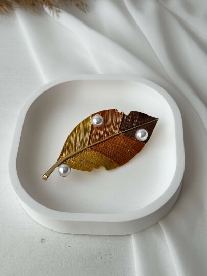 Gold-Kahve Renkli İncili Yaprak Broş  - 6