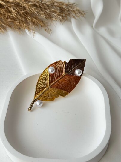 Gold-Kahve Renkli İncili Yaprak Broş  - 7