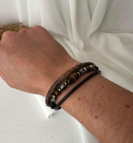 Kahverengi Taşlı  3'lü Yılan Derisi Bileklik - 3