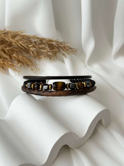 Kahverengi Taşlı  3'lü Yılan Derisi Bileklik