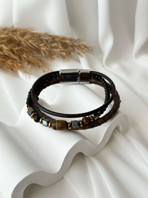 Kahverengi Taşlı  3'lü Yılan Derisi Bileklik - 2