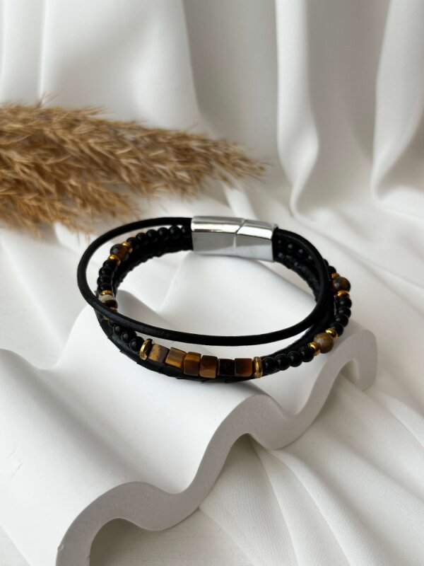 Kahverengi Taşlı Siyah  3'lü Yılan Derisi Bileklik  - 2