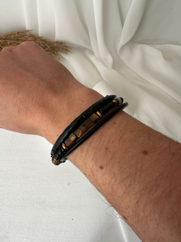 Kahverengi Taşlı Siyah  3'lü Yılan Derisi Bileklik  - 4