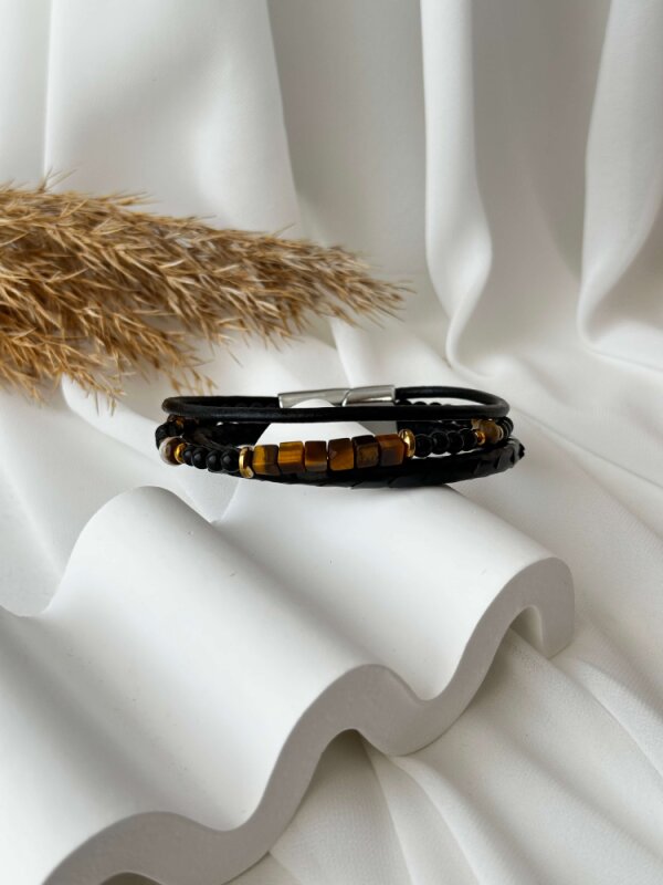 Kahverengi Taşlı Siyah  3'lü Yılan Derisi Bileklik  - 1