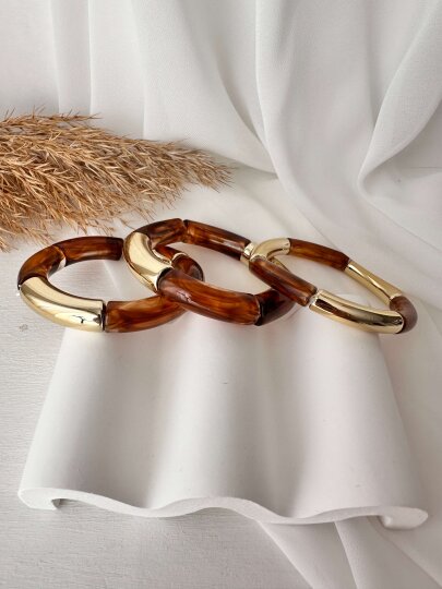 Kemik  Detaylı Bileklik Kahve- Gold