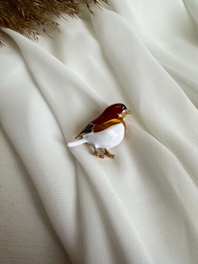 Kırmızı-Beyaz Kuş Broş - 2