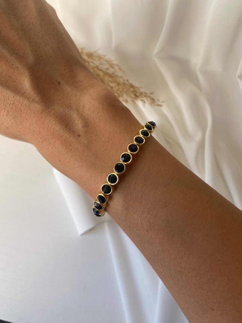 Lastikli Siyah Taşlı Bileklik-Gold - 1