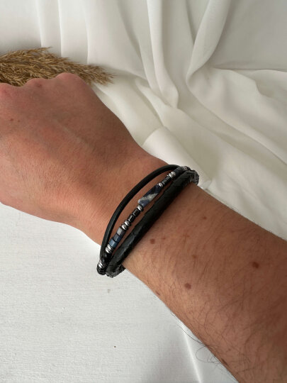 Mavi Taşlı Siyah  3'lü Yılan Derisi Bileklik - 3