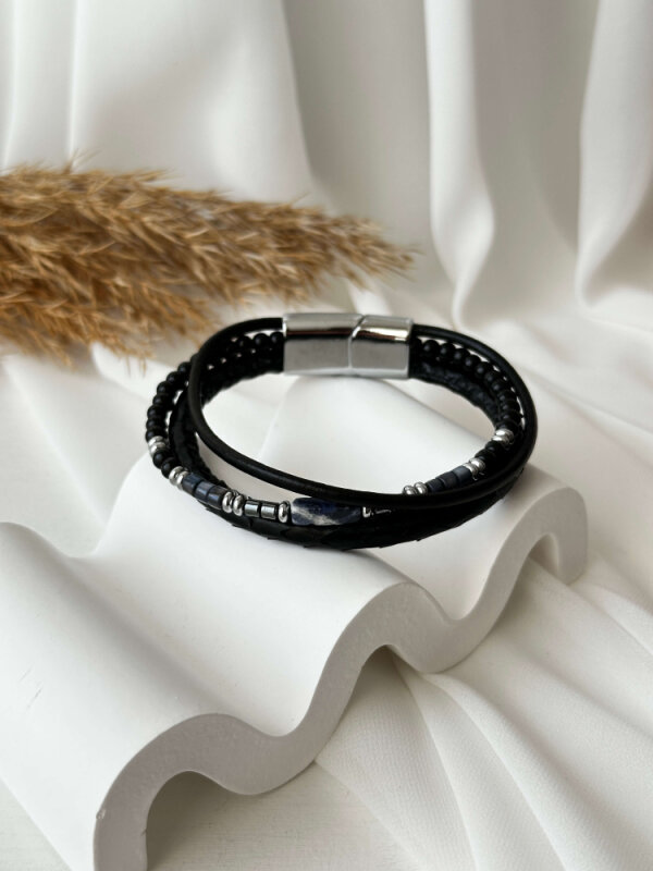 Mavi Taşlı Siyah  3'lü Yılan Derisi Bileklik - 2