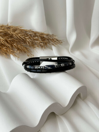Mavi Taşlı Siyah  3'lü Yılan Derisi Bileklik