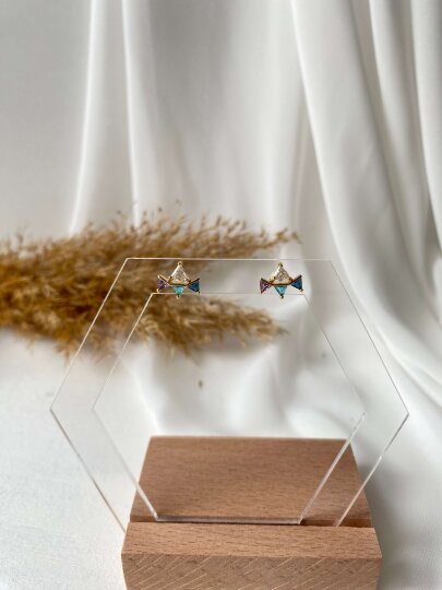 Mini Üçgen Taşlı Renkli Küpe - 2