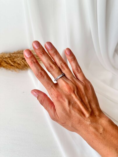 Ortası Baget Taşlı Orta Boy Yüzük - Gümüş - 2