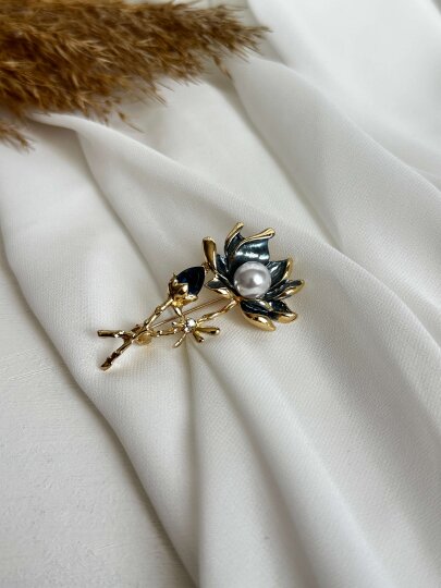 Ortası İncili Mavi Renkli Çiçek Broş - 2
