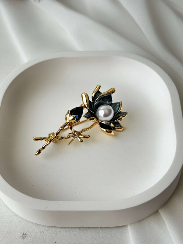 Ortası İncili Mavi Renkli Çiçek Broş - 3