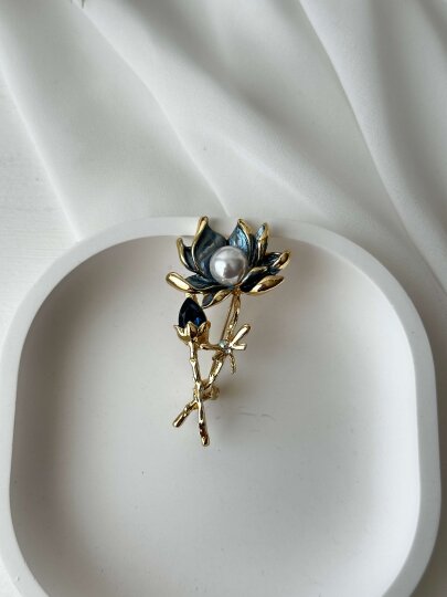 Ortası İncili Mavi Renkli Çiçek Broş - 4