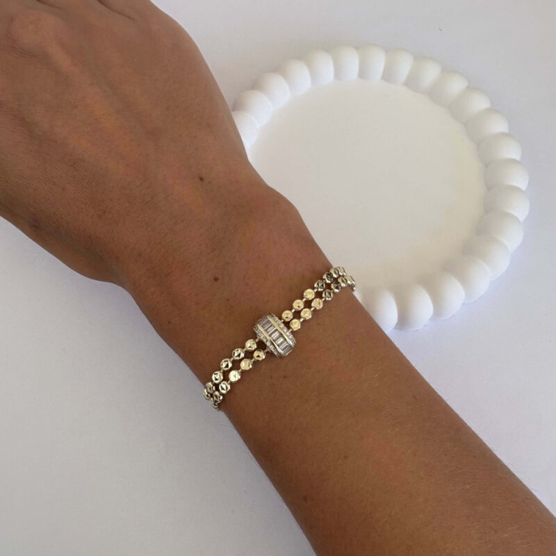 Ortası Taşlı Çift Zincirli Ezme Bileklik - 1