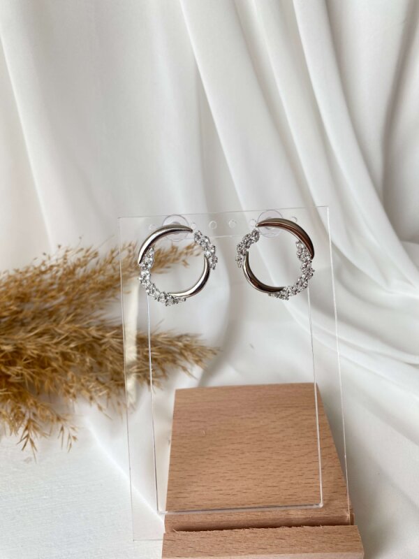 Özel Seri Taş Detaylı Yuvarlak Küpe - Gümüş Renk  - 1