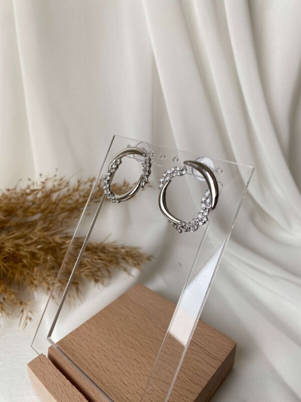 Özel Seri Taş Detaylı Yuvarlak Küpe - Gümüş Renk  - 2