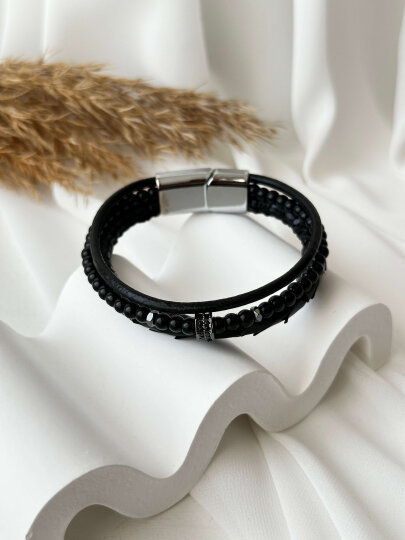 Siyah Taşlı 3'lü Yılan Derisi Bileklik