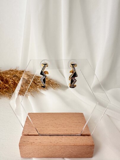 Siyah Üçgen Taş Detaylı Halka Küpe - 2