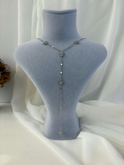 Taşlı Çiçekli Pul Zincirli Y Kolye 