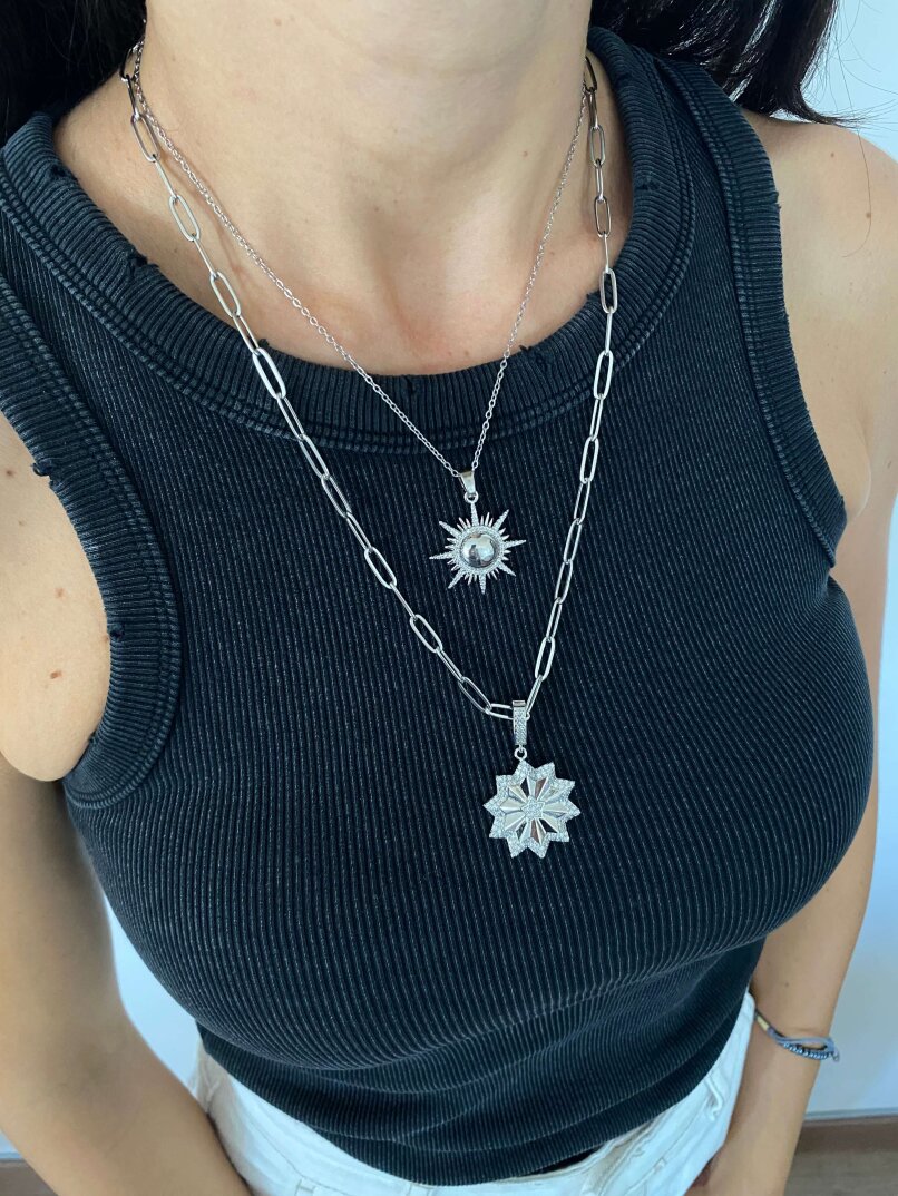 Taşlı Güneş Kolye Gümüş - 2